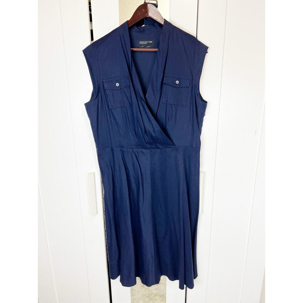 Jones New York Blue Stretch Linen Sleeveless Belted Dress Size 16